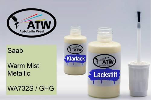 Saab, Warm Mist Metallic, WA732S / GHG: 20ml Lackstift + 20ml Klarlack - Set, von ATW Autoteile West.